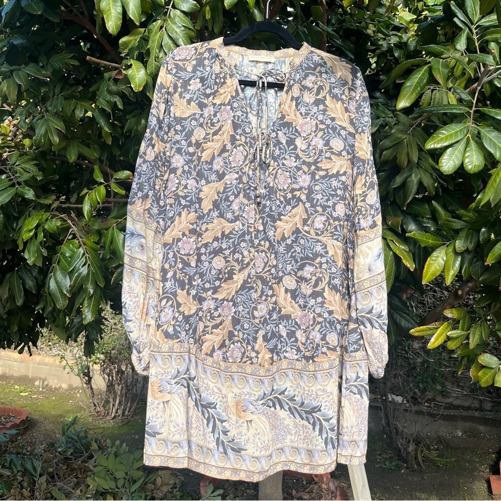 SPELL AND THE GYPSY COLLECTIVE tan grey lurex metallic striped floral mini dress